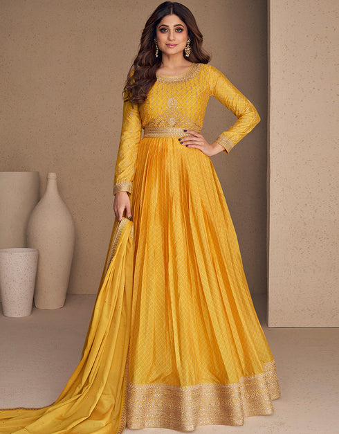 Yellow Chinon Silk N/A Anarkali