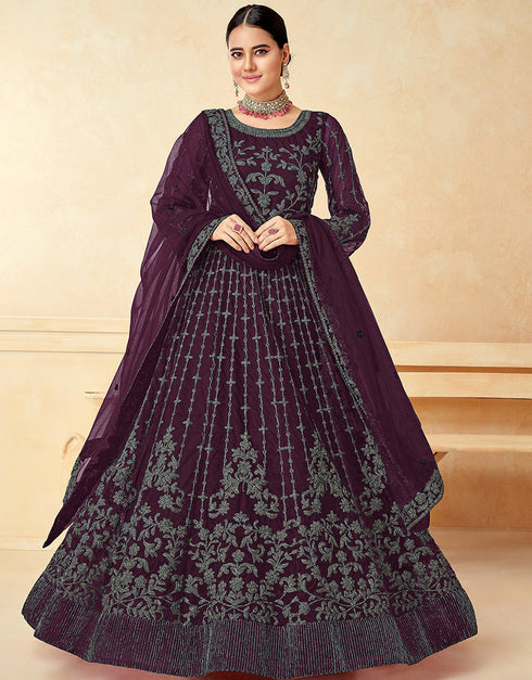 Wine Net Pant Anarkali