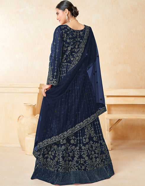 Navy Blue Net Pant Anarkali Closure View