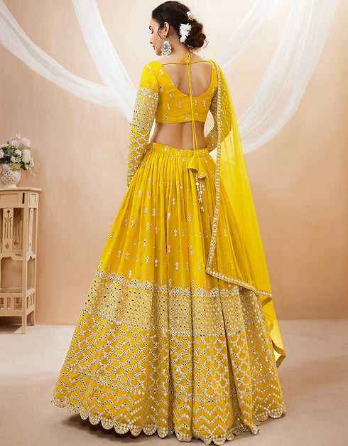 Yellow Georgette Lehenga Choli Back View