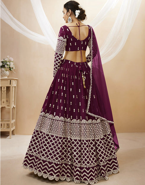 Wine Georgette Lehenga Choli Back View