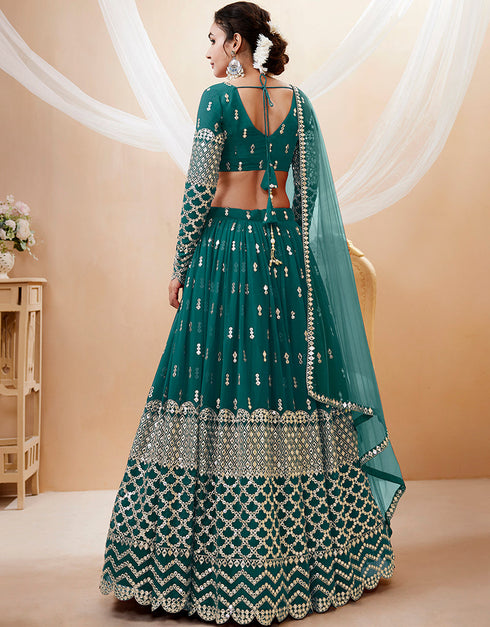 Teal Blue Georgette Lehenga Choli Back View