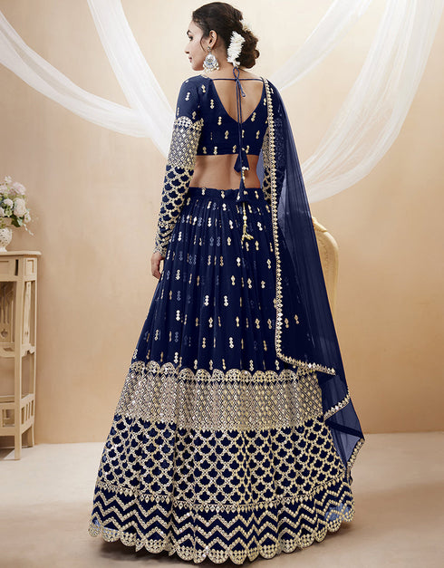 Navy Blue Georgette Lehenga Choli Back View