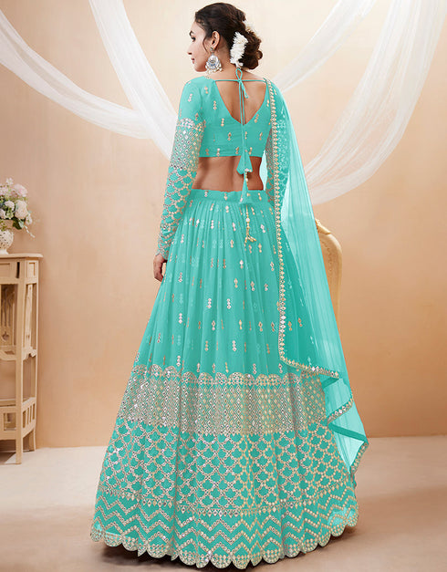 Sky Blue Georgette Lehenga Choli Back View
