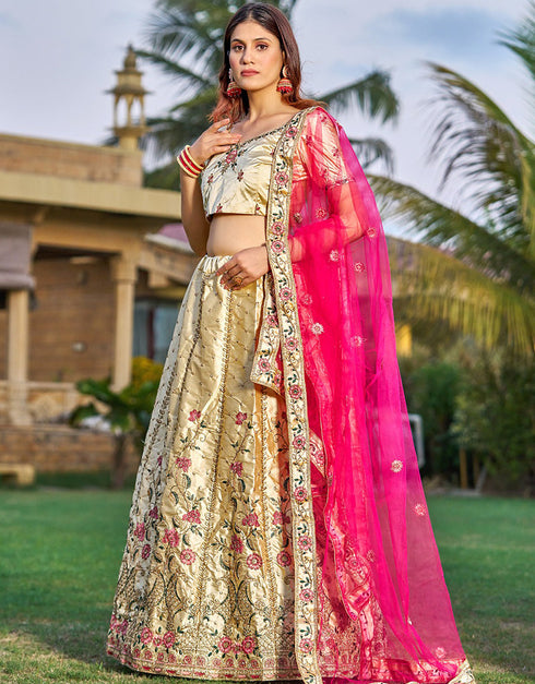 Cream Satin Lehenga Choli Closure View