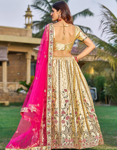 Cream Satin Lehenga Choli Back View