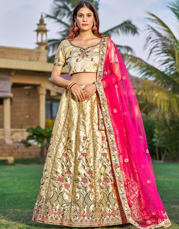 Cream Satin Lehenga Choli