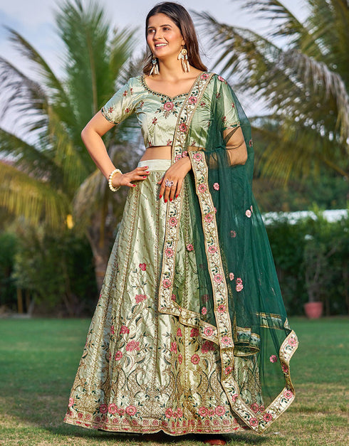 Light Green Satin Lehenga Choli Closure View
