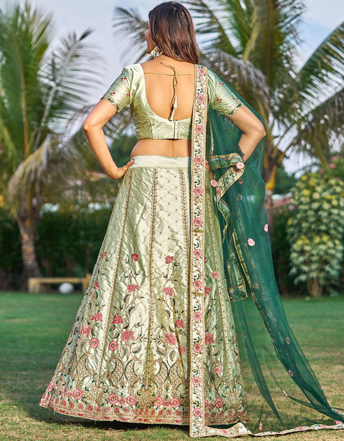 Light Green Satin Lehenga Choli Back View