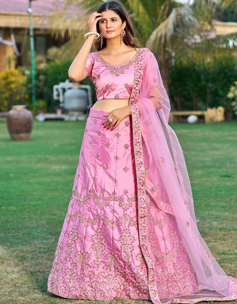 Pink Satin Lehenga Choli Closure View