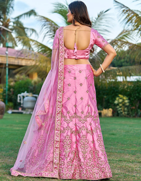 Pink Satin Lehenga Choli Back View