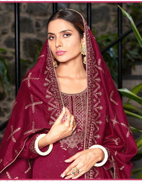 Vivid Burgundy Blooming Vichitra Pant Straight Closure View