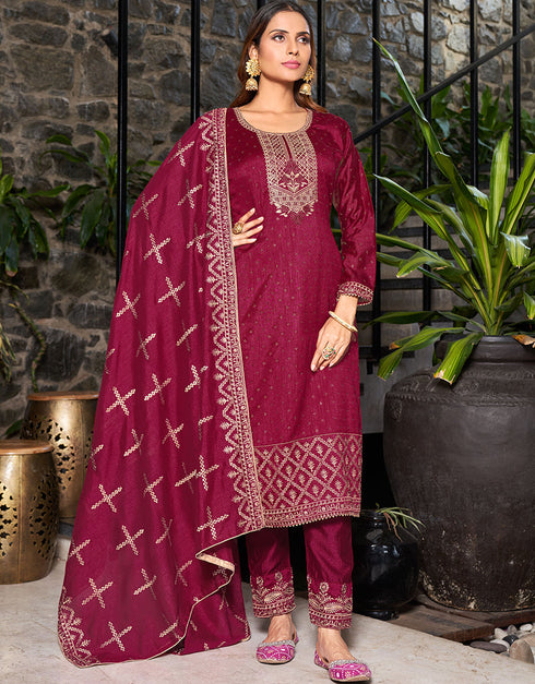 Vivid Burgundy Blooming Vichitra Pant Straight