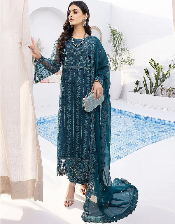 Teal Organza Silk Pant Straight