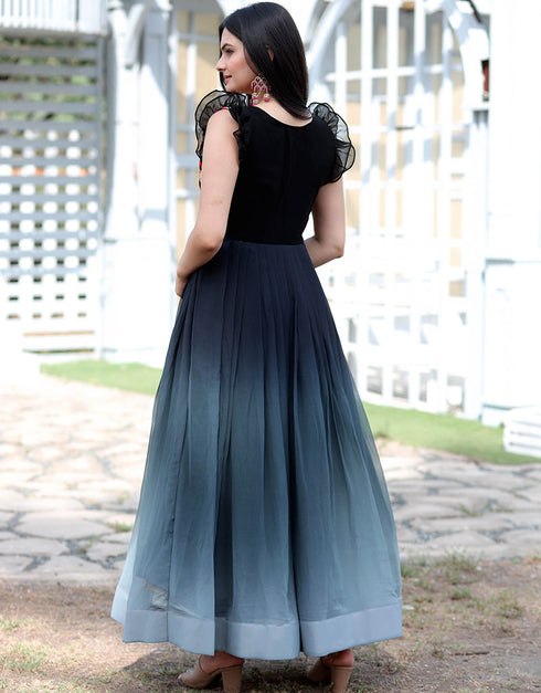 Black Trendy Designer Faux Blooming Readymade Gown Back View