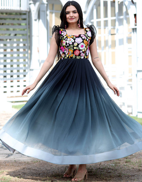 Black Trendy Designer Faux Blooming Readymade Gown