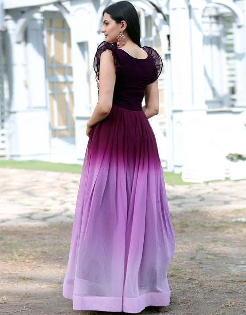 Wine Trendy Designer Faux Blooming Readymade Gown Back View