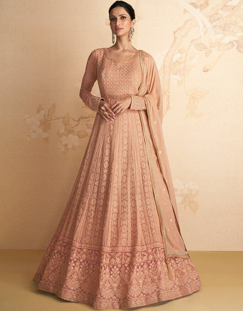 Peach Real Georgette N/A Anarkali