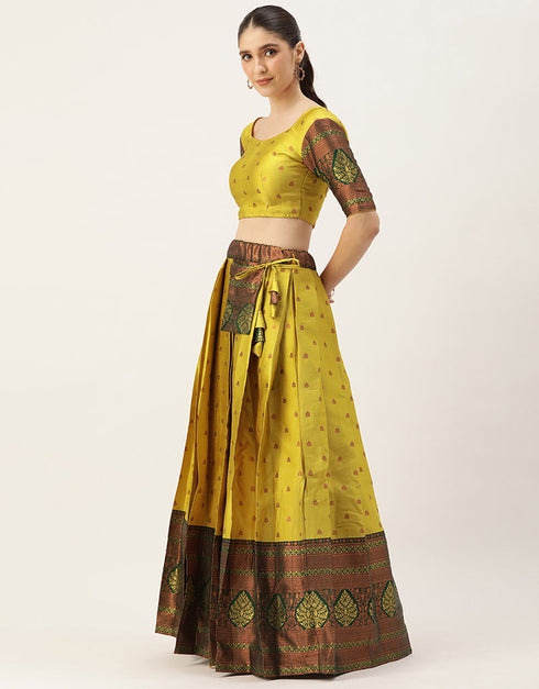 Yellow Lichi Silk Lehenga Choli Back View