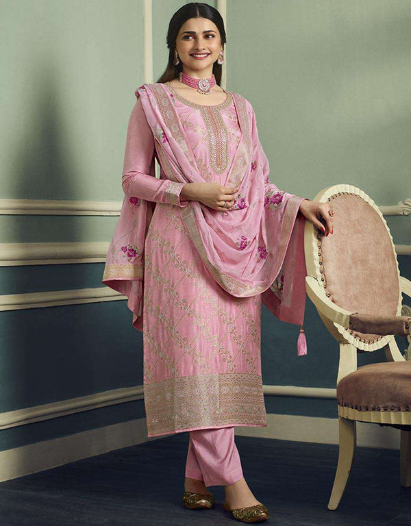 Pink Viscose Jacquard Pant Straight