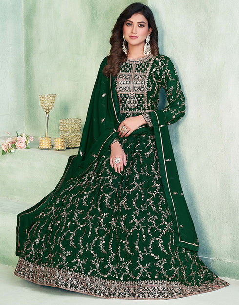 Green Faux Georgette Pant Anarkali Back View