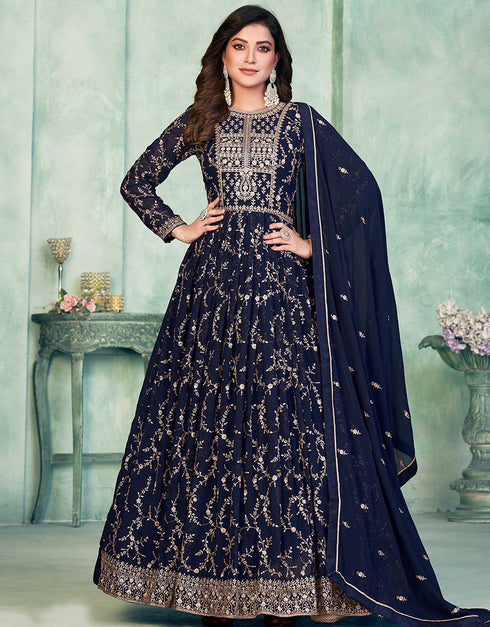 Navy Blue Faux Georgette Pant Anarkali Closure View