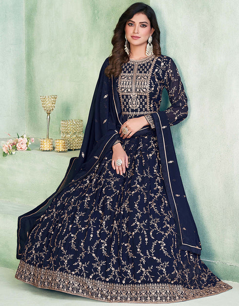 Navy Blue Faux Georgette Pant Anarkali Back View