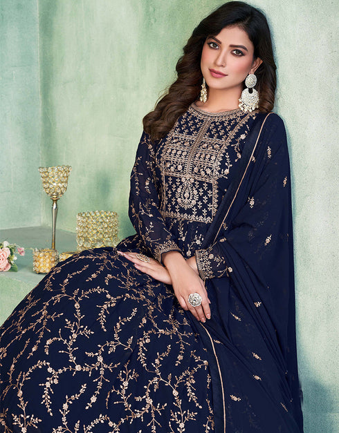 Navy Blue Faux Georgette Pant Anarkali Salwar Kameez