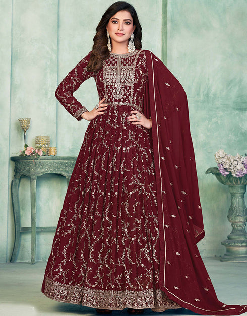 Maroon Faux Georgette Pant Anarkali Closure View
