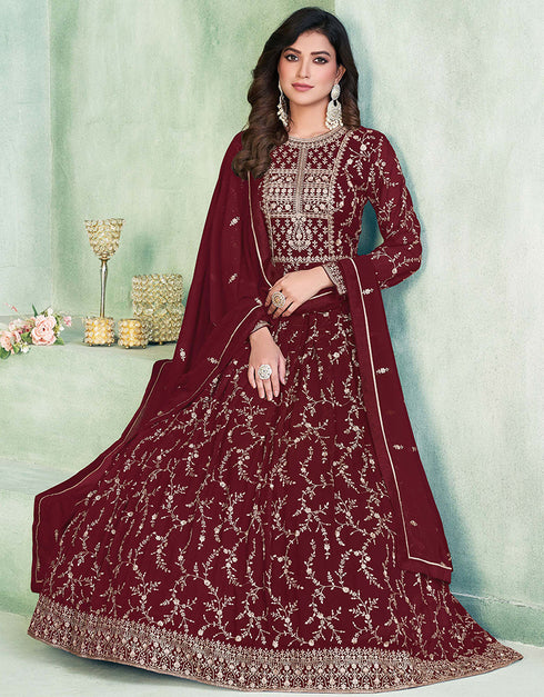 Maroon Faux Georgette Pant Anarkali Back View