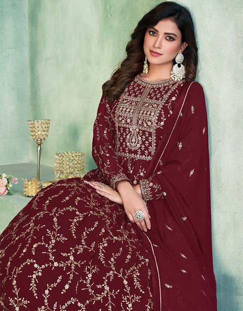 Maroon Faux Georgette Pant Anarkali Salwar Kameez