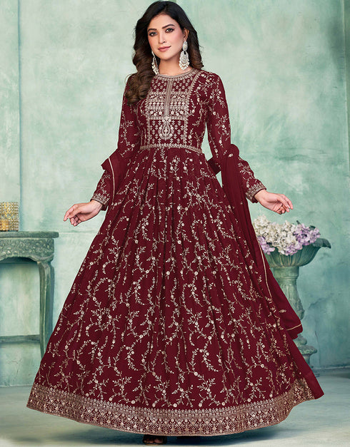 Maroon Faux Georgette Pant Anarkali