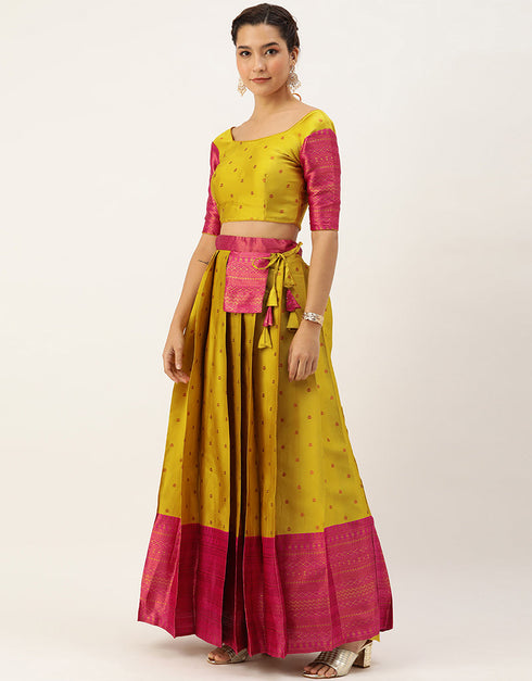 Yellow Tafeta Silk Lehenga Choli Closure View