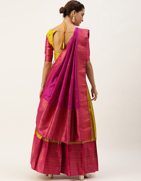 Yellow Tafeta Silk Lehenga Choli Back View