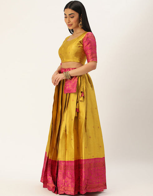 Yellow Tafeta Silk Lehenga Choli Back View