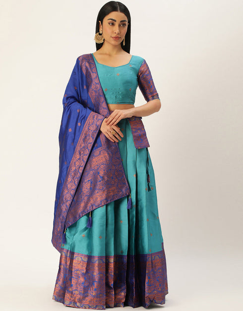 Rama Blue Tafeta Silk Lehenga Choli Closure View