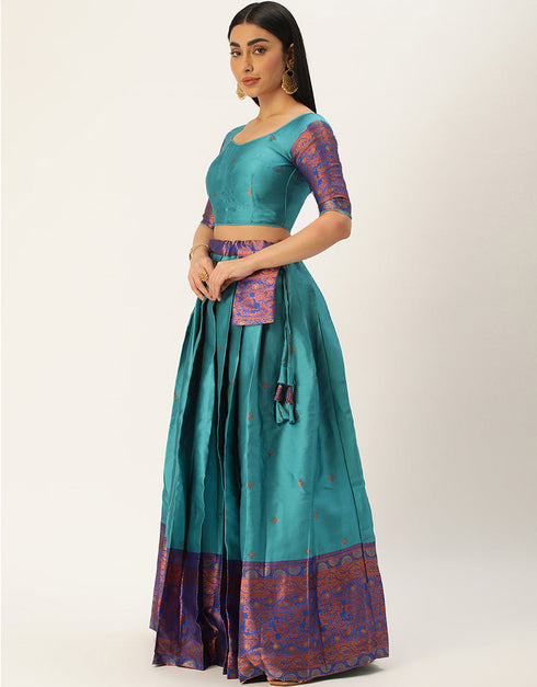Rama Blue Tafeta Silk Lehenga Choli Back View