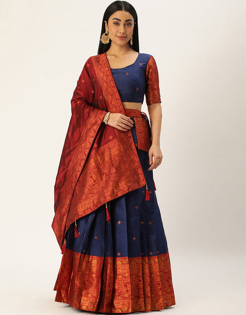 Navy Blue Tafeta Silk Lehenga Choli Closure View