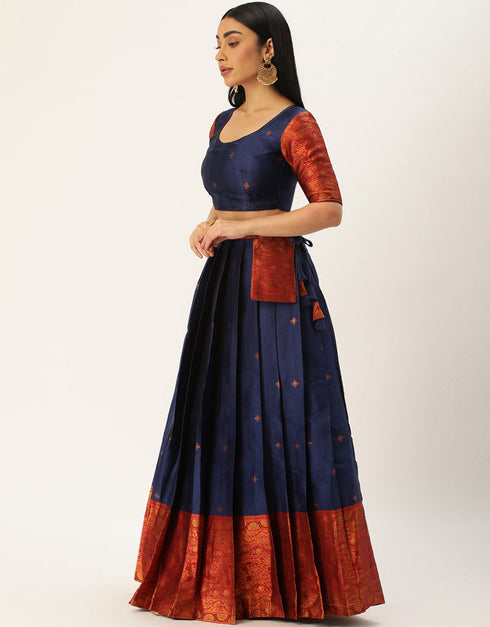 Navy Blue Tafeta Silk Lehenga Choli Back View