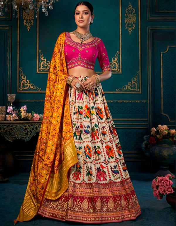 fashionable debian red dola silk designer traditional wear lehenga choli collection with multi dola silk ie-1755 Front View