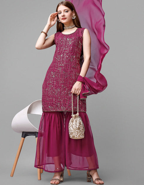 Burgundy Georgette Sharara Suit Closure View