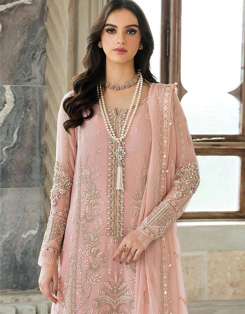 Peach Pink Faux Georgette Pant Pakistani Suit Closure View