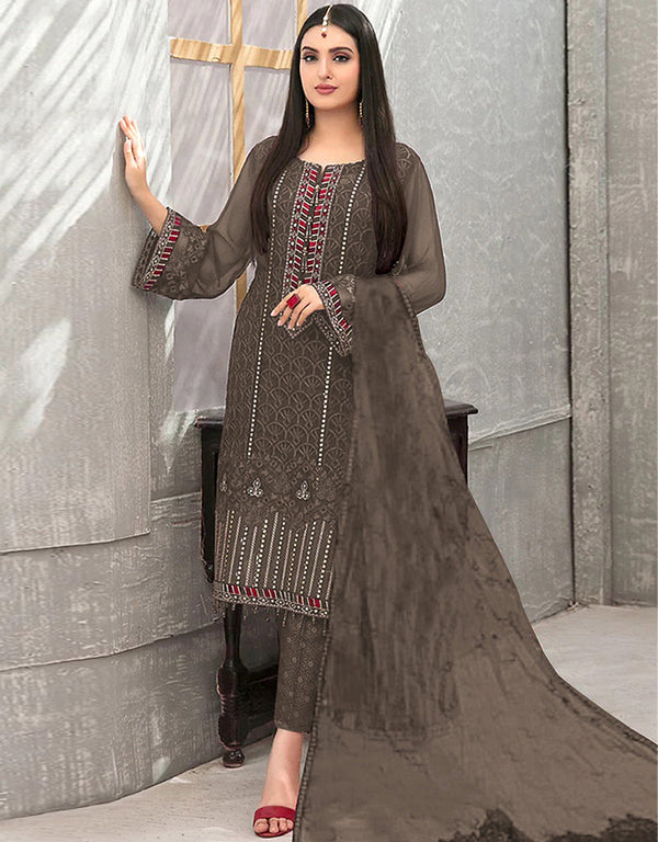 Brown Faux Georgette Pant Straight