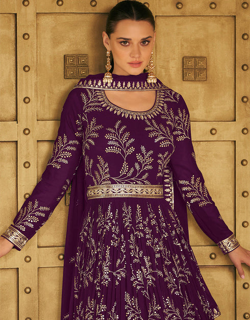 Purple Faux Georgette Pant Anarkali Closure View