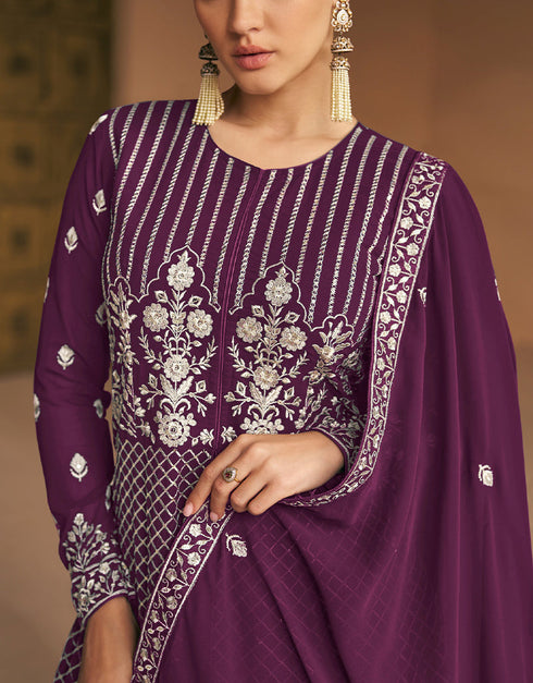 Purple Faux Georgette Pant Anarkali Closure View
