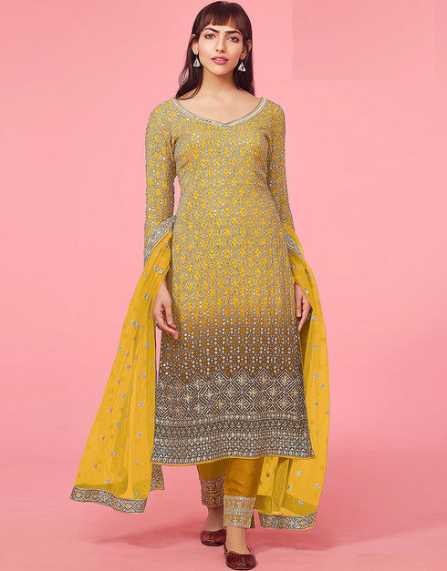 Yellow Faux Georgette Pant Straight