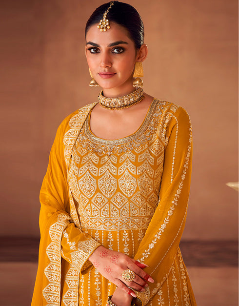 Yellow Faux Georgette Lehenga Straight Closure View