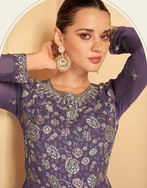 Purple Faux Georgette Palazzo Suit Closure View