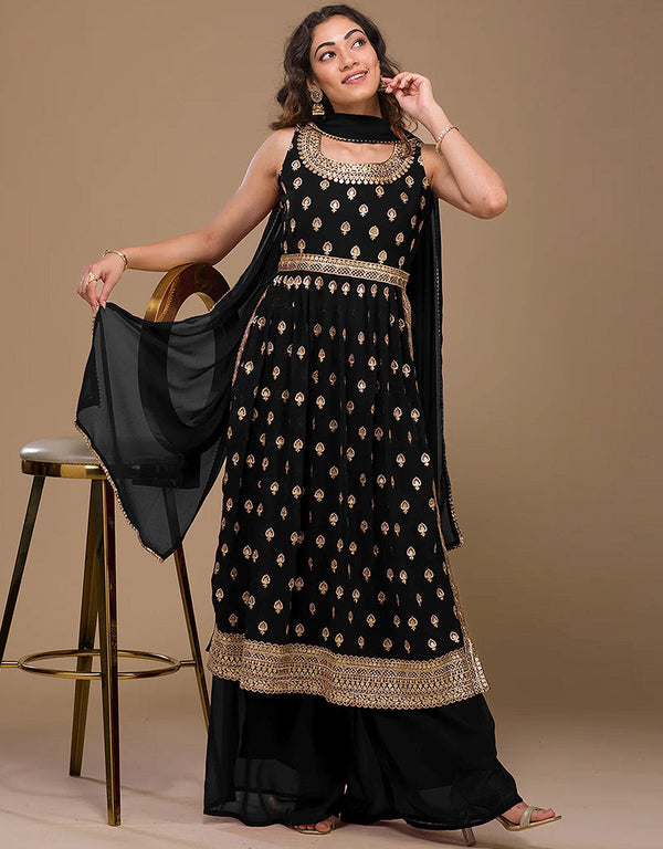 Black Faux Georgette Palazzo Straight