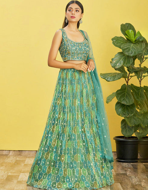 Rama Green Slub Silk Lehenga Choli Closure View